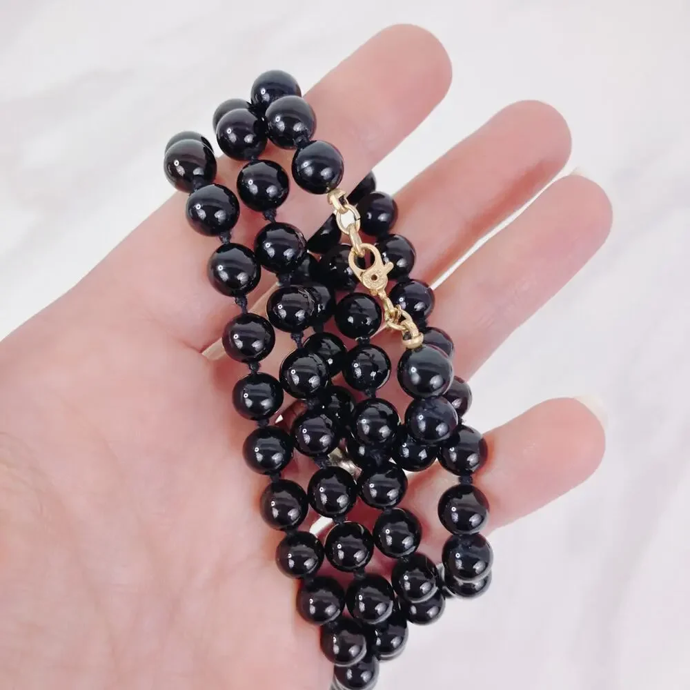VTG Monet Signed Glossy Jet Black Glass Bead Necklace 70s Long Opera Strand